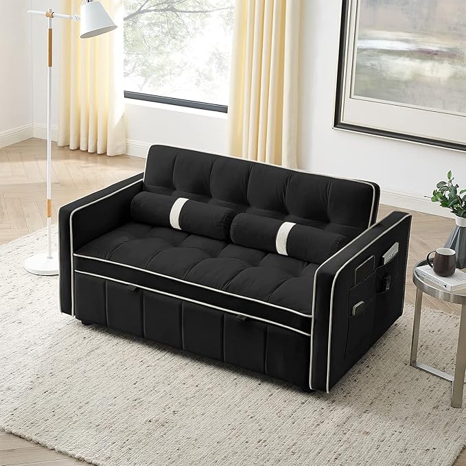 3 in 1 Sleeper Sofa Couch Bed Small Tufted Velvet Convertible Loveseat Futon Sofa w/Pullout Bed Adjustable Backrest Cylinder Pillows for Living Room Apartment Easy to Assemble Black 55.5