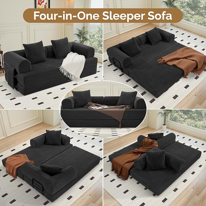 Convertible Corduroy Sleeper Sofa Bed with Cylindrical Pillow Folding Mattress Couch with Fixed-Shape Frame Floor Sofa Lounge Couch for Living Room Bedroom Lounge Studio Black