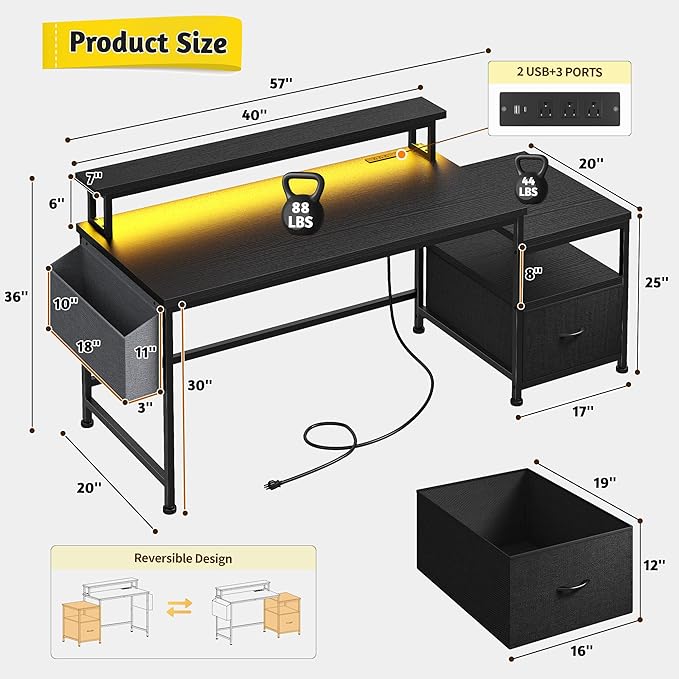 Gaming Desk with Monitor StandComputer Desk with LED Lights &ampPower OutletsOffice Desk with Drawers &amp Printer ShelfWriting Table with Side Storage Bag57 W x 20 D x 36 HBlack Desk