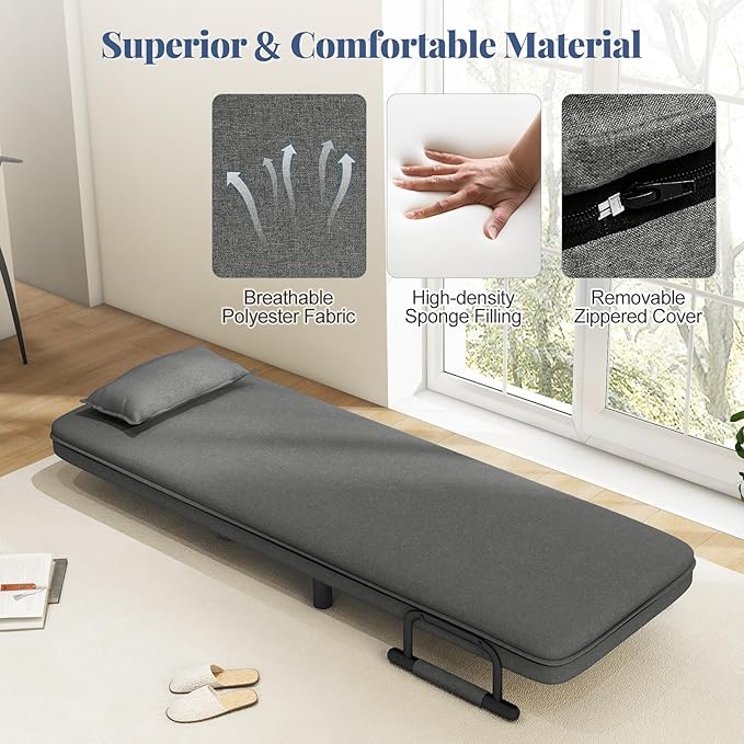 Giantex Convertible Sofa Bed 3-in-1 Folding Sleeper Chair with 5-Position Adjustable Backrest Wheels 2 Legs Recliner Chaise Lounge with Pillow Armchairs for Nursery Living Room Office (Gray)