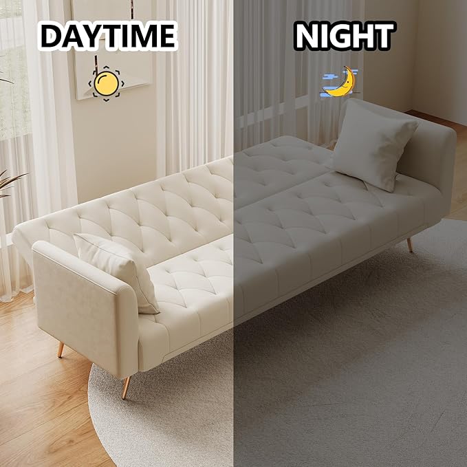 71 Convertible Folding Sleeper Sofa CouchModern Velvet Loveseat Sleeper with 2 Pillows Futon Sofa Bed with Mattress and Frame for Living RoomBedroomSmall Space (Beige)