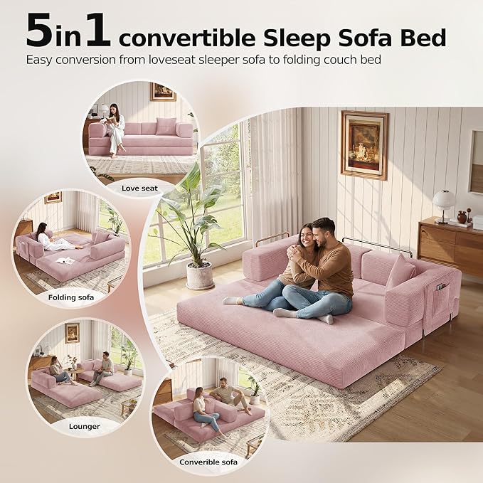 MoonSpeak 78.8''Sleeper Couch Bed for LivingroomConvertible Modular Sofa with Armrest PillowModular Foldable Corduroy Couches in a BoxNo Assembly (Pink)