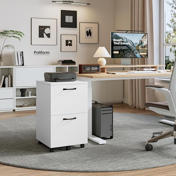 Sweetcrispy 2 Drawer Filing Cabinet White Rolling Wood File Cabinets with Printer Stand Under Desk Storage Lockable Wheels Home Office Organizer