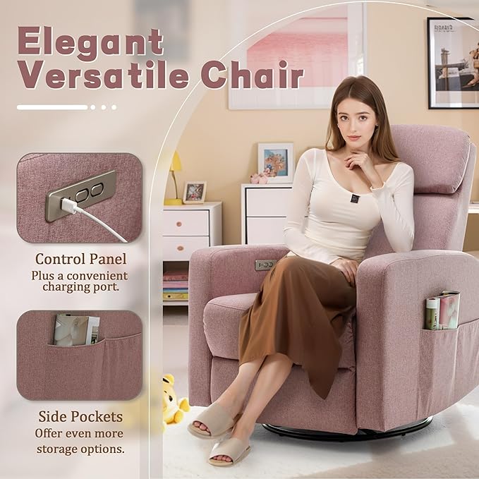 Power Swivel Recliner Chairs for Adults Electric Glider Rocking Chair Nursery Glider Recliner Nursery Chair with Classified Side Pocket Nursery Rocking Chairs with USB and Type-C Ports