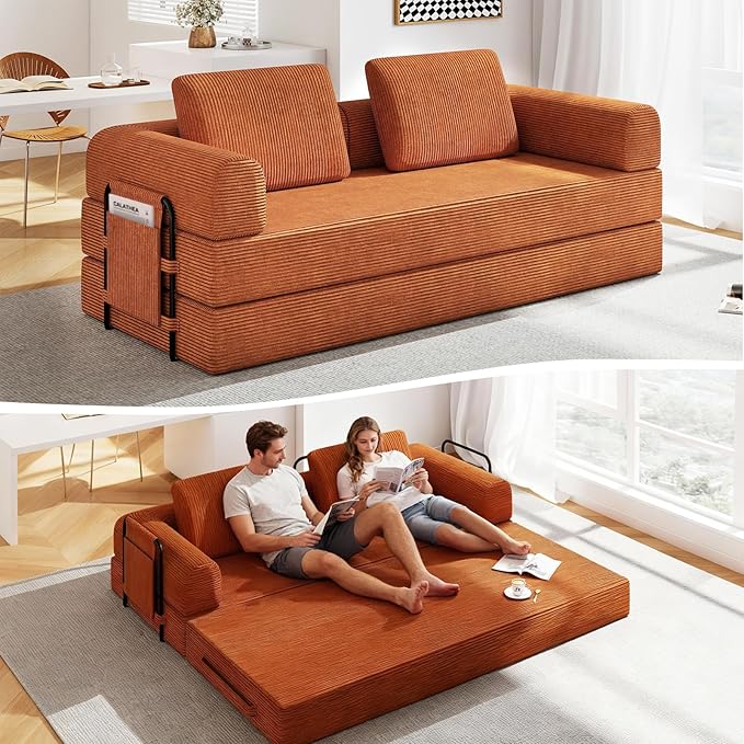 78'' Sleeper Couch Bed for Living Room Convertible Modular Sofa with Fixed Frame &amp Side Pocket Corduroy Futon Boneless Couches in a Box No Assembly Orange