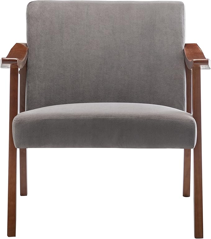 Accent Chair with Velvet Upholstery and Solid Wood Frame Classic Mid-Century Modern Living Room Furniture for Extra Seating Grey