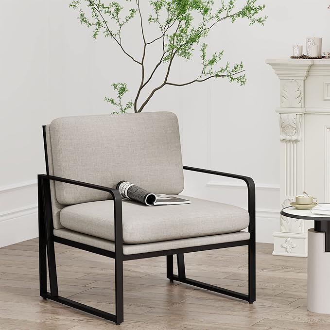 Andeworld Modern Accent Chair Set of 2 Mid Century Living Room ArmchairUpholstered Linen Sofa Side Chair with Metal Legs for ReadingLoungingBedroom Apartment Light Grey 2