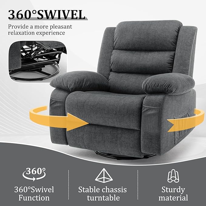Recliner Chair Wide Rocker Chair Rocking Chair with Massage and Heat360°Swivel Nursery Rocking Chairs Oversized Recliner for Adults Cashmere Reclining Sofa for Living Room Grey