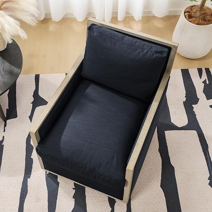 KINWELL 27 Wide Oak Wood Frame Performance Fabric Swivel Armchair No Assembly Down Fill Upholstered Swivel Barrel Chair with Removable Pillow Back for Living Room Bedroom (Indigo)