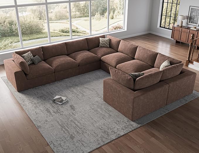 120 Cloud Sectional Couch | Oversize Boneless Couches for Living Room | 4 Seater L-Shape Sofa | Brown