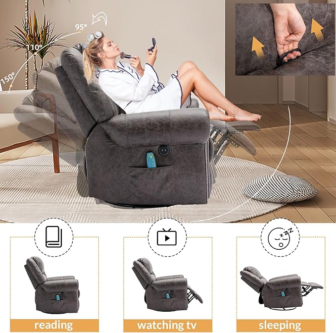 Manual Massage Recliner with Heating Function 360° Swivel Glider Rocking Recliner Chair for Living Room Ergonomic Single Sofa Chair with Remote Control/USB Ports/Side Pockets(Grey)