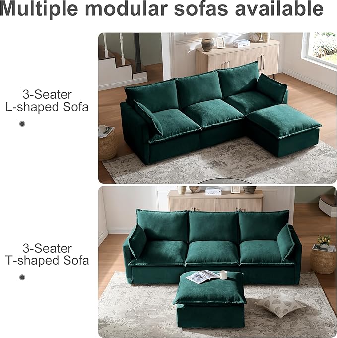 93.31 Inch L-Shaped Couch Sofa with Ottoman Modular Sectional Sofa with 4 Seats and Pillows for Home Living Room Modern Chenille Fabric Large Comfy Cloud Couch DIY Combination (Green-93inch)