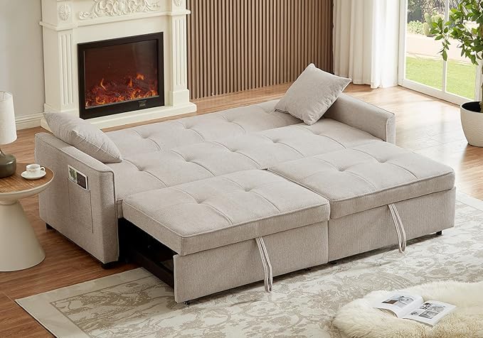81 Inch Queen Size Convertible Sleeper Sofa 3 in 1 Sleeper Couch with Storage and Pull Out Bed Oversized Loveseat Futon Sofa Hide-A-Bed Fold Out Couch for Living Room