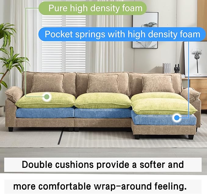 120 Modular Sectional Sofa Comfy Cloud Couch Sectional Sofa with Ottoman Chenille Sofa Sleeper Deep Seat Sofa with Throw Pillows for Living Room (Khaki 120- L Shape)