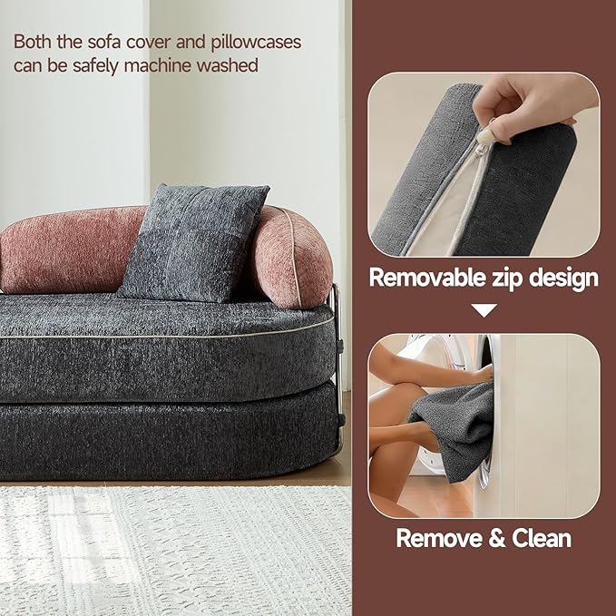 Convertible Sofa Bed with Fixed-Shape Frame 4-in-1 Combination Folding Pull Out Couch Futon Couch in a Box Modular Floor Sleeper Sofa Bed for Living Room Bedroom (2 Pillows PinkGrey)
