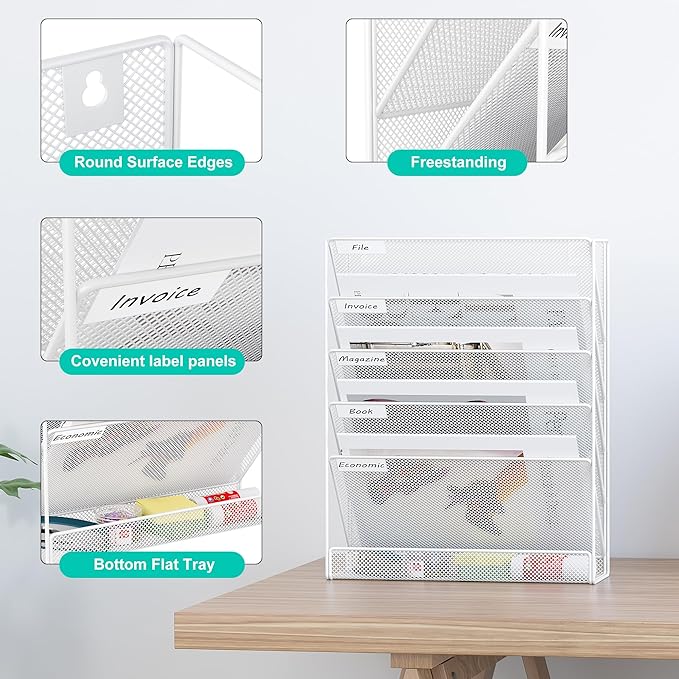 EasyPAG 5 Tier Wall File Holder Mesh Hanging Folder Organizer with Classify Label Versatile Desk File Holder Vertical Wall Mounted Mail Organizer for Office Home Cubicle White