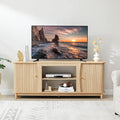 TV Stand Fluted Media Console Table with Storage and Sliding Door Farmhouse Entertainment Center for Living Room Home Office (Natural-No Fireplace)