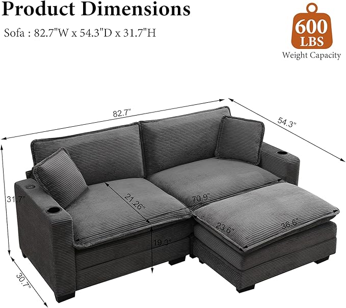 82.7 L Shaped Sectional Sofa with Cup Holders &amp USB Ports Modern Loveseat Cloud Couch with Ottoman for Living Room Apartment Small Spaces Grey Corduroy