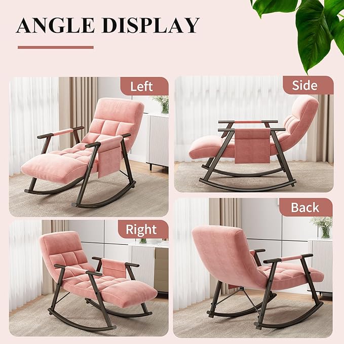 NIOIIKIT Nursery Rocking Chair Velvet Upholstered Rocker Chair with Adjustable Back&ampFootrest Reclining Glider Chair with Side Pocket Tufted Glider Rocker Armchair for Living Room (Pink Velvet)