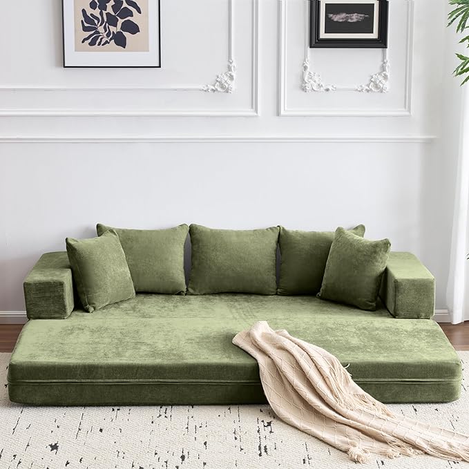 79 Convertible Folding Sofa Bed Queen Sleeper Sofa Couch with Armrest and Pillows Chenille Fold Out Floor Chaise Lounge Comfy Foldable Futon Mattress For Living Room Bedroom (Green 7.87)