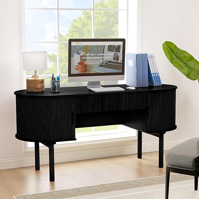 Executive Office Desk with Storage 63 Inch Large Computer Workstation Desk with Drawer and File Cabinets Mid Century Modern Fluted Wood Writing Desk for Home Office Study Room Living Room Black
