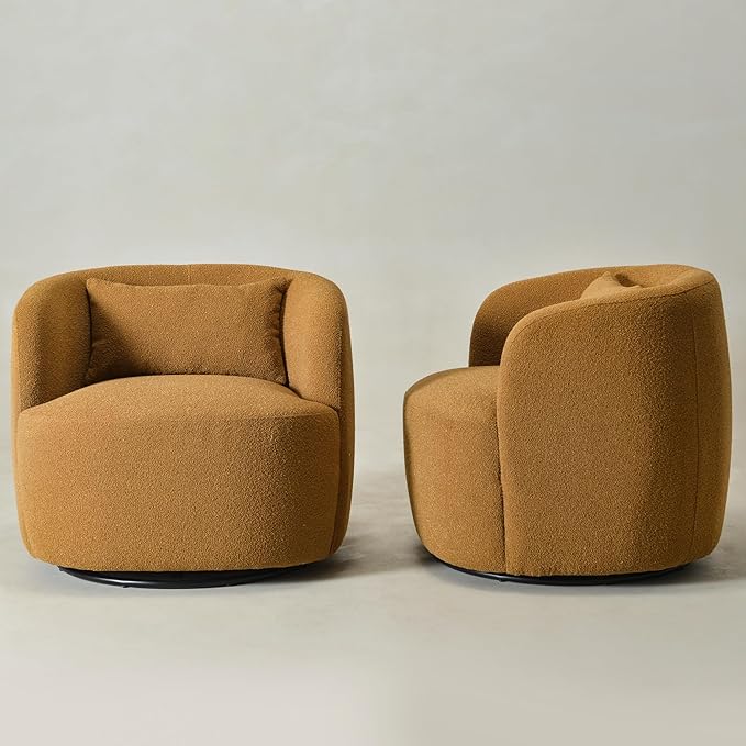 KINWELL 34 Wide Boucle Swivel Barrel Chairs Set of 2 No Assembly Round Upholstered Armchairs Accent Chairs Single Sofa Chair with Toss Pillow for Living Room and Bedroom Brown