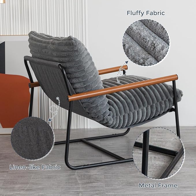 MAXYOYO Accent Chair Sherpa Arm Chair for Living Room Mid Century Modern Accent Chairs Boucle Reading Bedroom Chair Teddy Armchair Wooden Arms Metal Frame