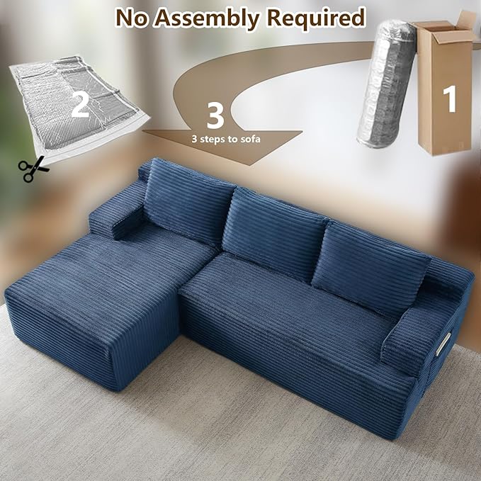 96.1 Modular Sectional Sofa Couches L-Shape Couch 3 Seat Modular Sofa Corduroy Memory Foam Sectional Boneless Couches for Living Room Cloud Couch with Oversized Chaise(Blue Left Facing)