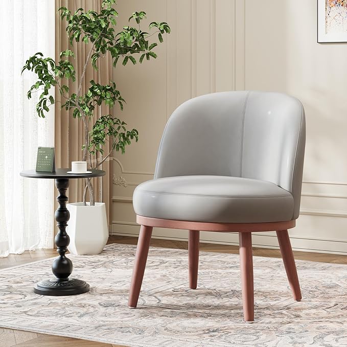 Accent Chair Set of 1 PU Leather Mid-Century Modern Chair for Small Space Comfy Upholstered Armless Chair for Living Room Bedroom Light Gray