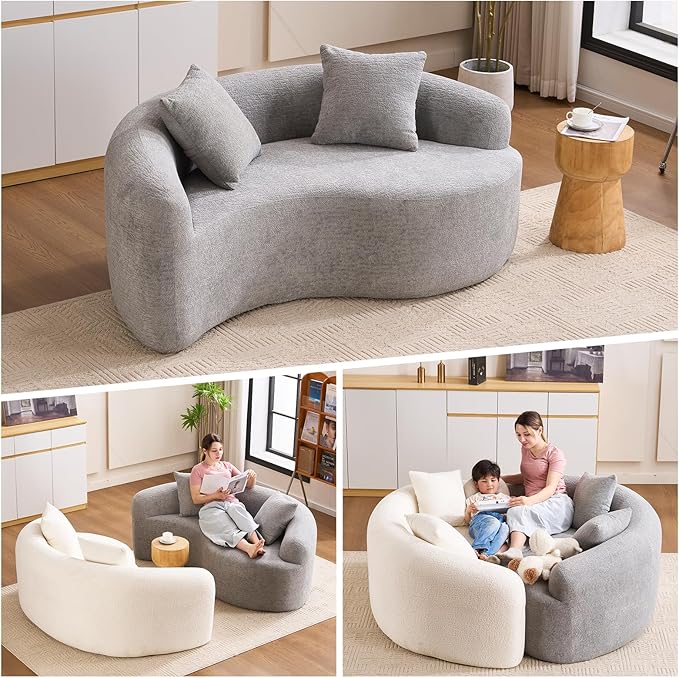 Tai Chi Symbol Loveseat Sofa Curved Yin-Yang Design Dual-Depth Meditation Couch 66.9 Chenille Modular for Small Spaces 300 lbs Capacity (Light Grey)