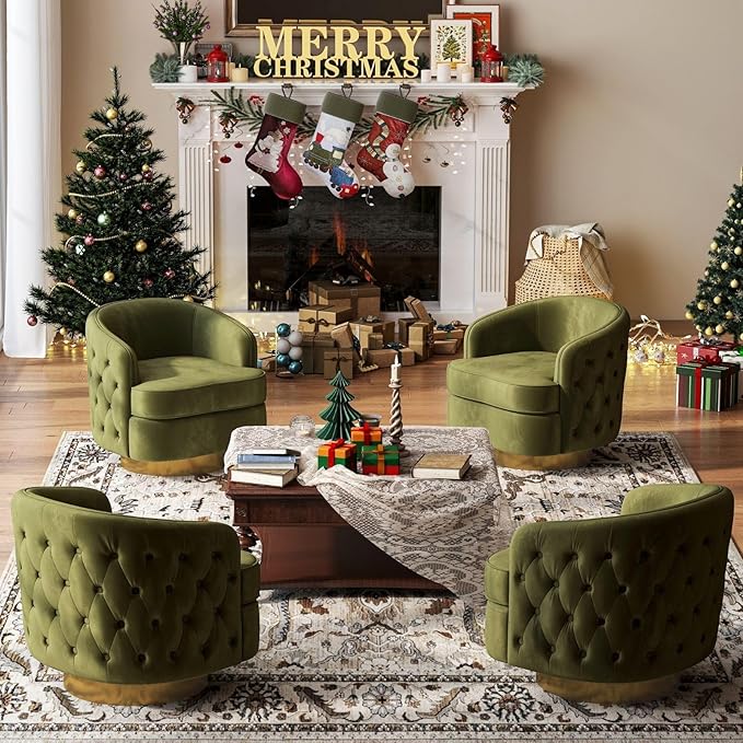 Modern Accent Chair Swivel Barrel Armchair for Living Room Button Tufted Velvet Comfy Chairs Round Upholstered Single Sofa Seating with Gold Base Green