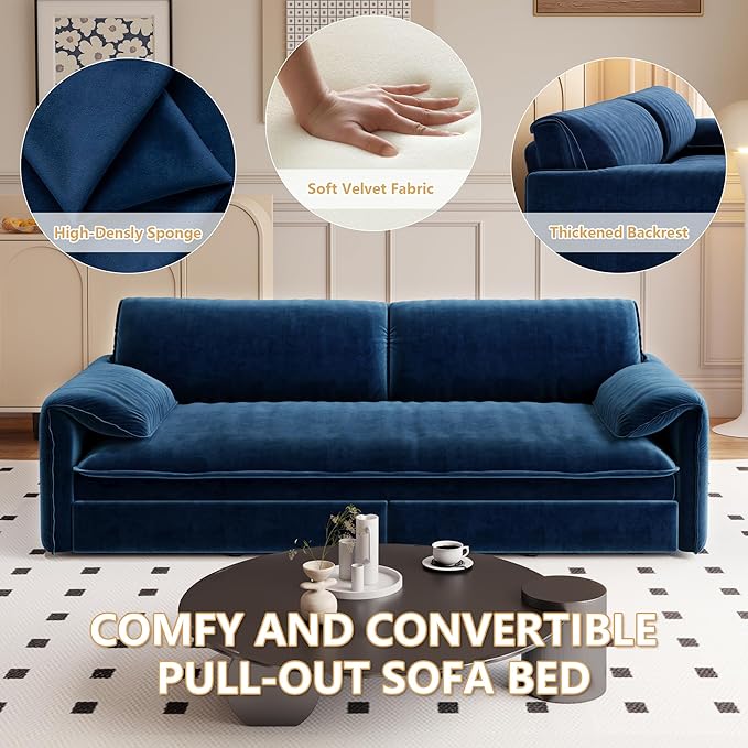 GNIXUU 66 Queen Pull Out Sofa Bed Velvet Convertible Sleeper Sofa Couch with Side Storage Comfy Cloud Futon Bed Pull Out Couch for Living Room Apartment Small Space(Blue)