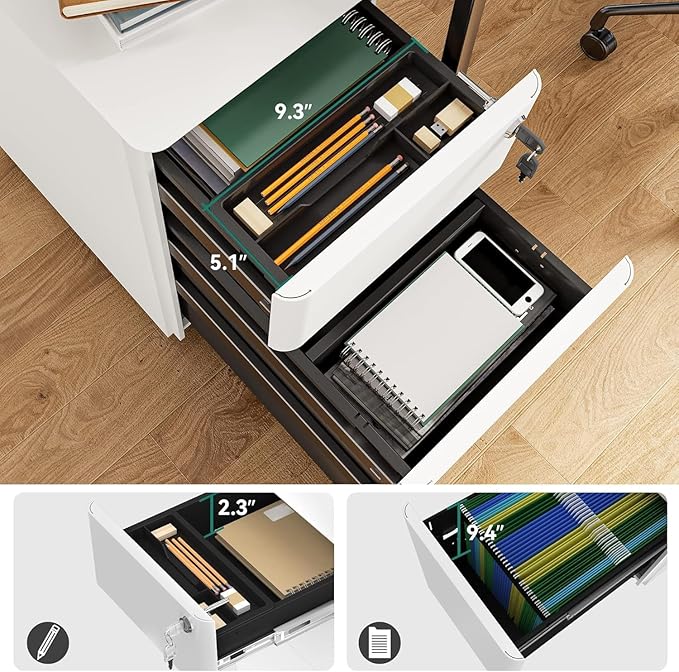 YITAHOME 3-Drawer Mobile File Cabinet Lockable Filing Cabinet for Home Office Pre-Assembled Office Storage Cabinet for A4/Letter/Legal White