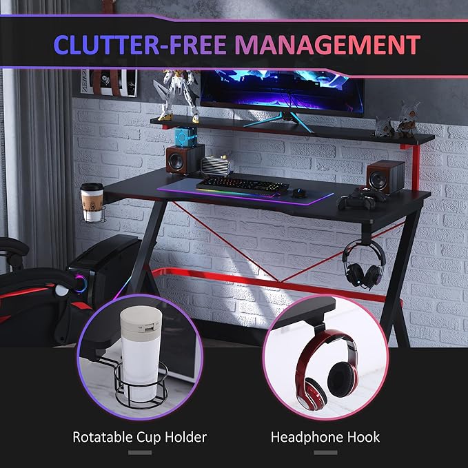 47 Inch Gaming Desk Racing Computer Desk Home Office Workstation with Elevated Monitor Shelf Rotatable Cup Holder Headphone Hook Black
