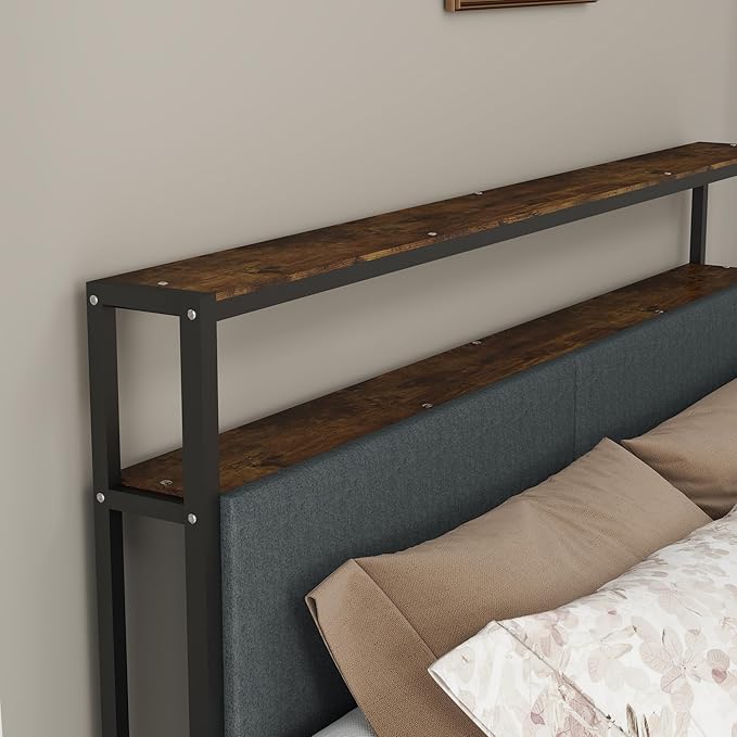 Panana Queen Bed Frame with Storage Headboard Platform Bed with 4 Drawers No Box Spring Needed Easy Assembly Fabric Grey