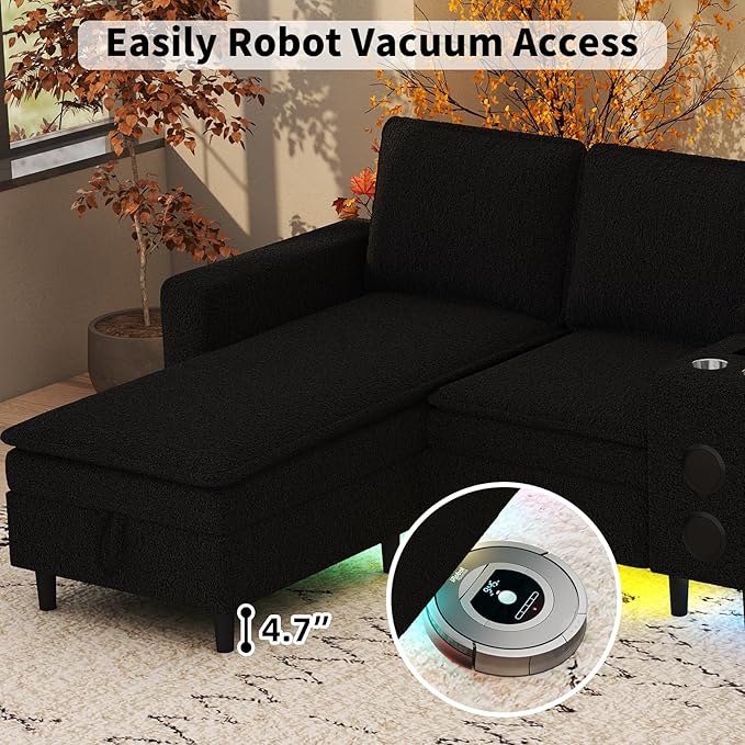 Sectional Couches for Living Room 6 Seat Sectional Sofa with Bluetooth Speaker/RGB Light/Charging Station Teddy Fleece U Shaped Couch with Storage Ottoman and Reversible Chaise Lounge - Black