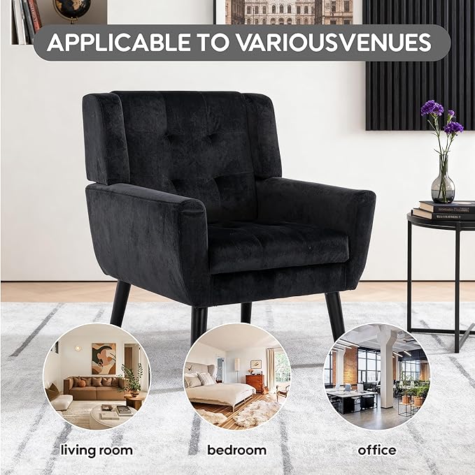 Set of 2 Velvet Accent Chair Mid-Century Modern Tufted Armchair for Living Room Bedroom &amp Office (Black)