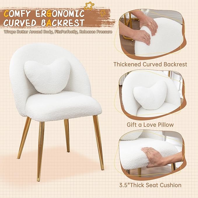 Vanity ChairAccent Makeup Comfy Cute Desk Girls Fluffy Chairs for Bedroom No Wheels Gold Metal Legs Stool (Teddy Beige)
