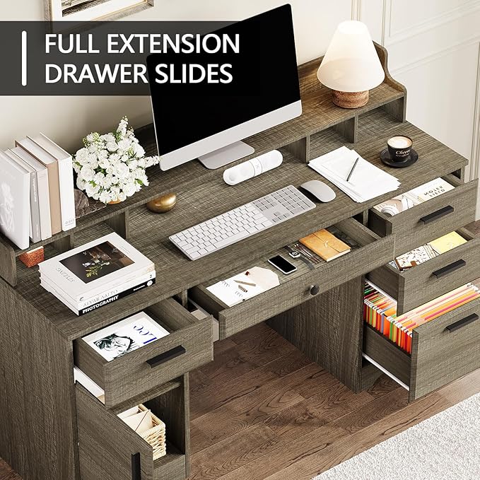 58 Inch Executive Desk with File Drawers Computer Desk with Storage Rustic Desk with Adjustable Shelves Office Desk with Hutch for Bedroom Grey
