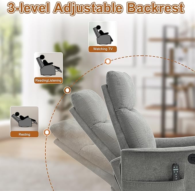 Manual 360° Swivel Rocker Recliner Chair for Adults Overstuffed Glider Chair for Nursery with Vibration Massage &amp Heat Comfy Soft Fabric Recliner Chair with Side Pockets for Living Room Light G