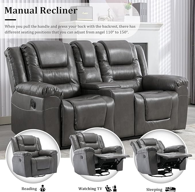 Leather Reclining Sofa SetHome Theater Seating with Center Console Storage Cup Holders 2 Seater for Living RoomOfficeHome TheaterRV. Loveseat(Grey)