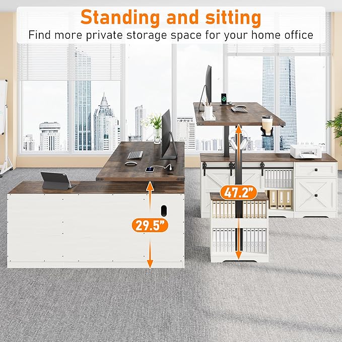 63 Farmhouse Electric Standing Desk Adjustable Height Sit Stand Corner Stand Desks L Shaped Standing Computer Desk with Power Outlets &amp Storage Drawers &amp Sliding Door for Home Office White