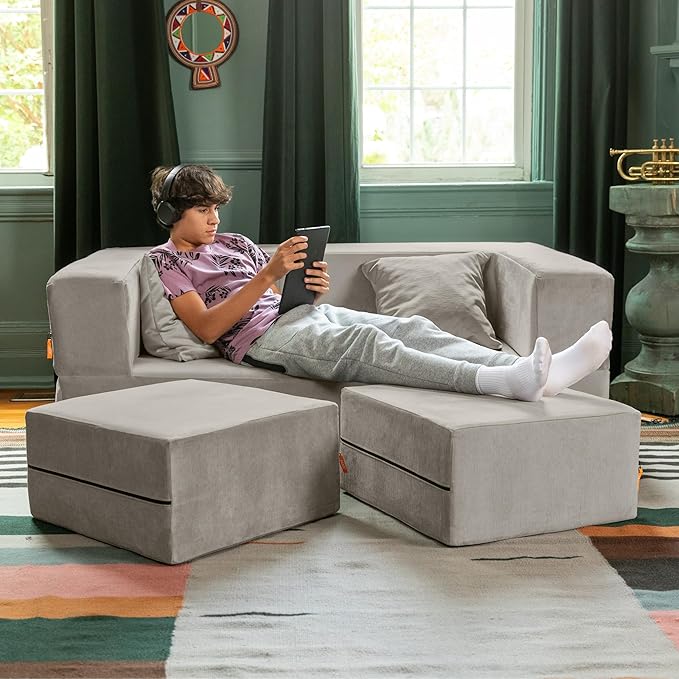 Jaxx Zipline Convertible Sleeper Loveseat &amp Ottomans Textured Microvelvet - Dove Grey