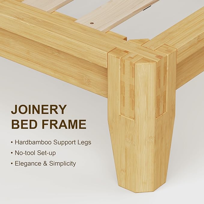 Dolonm Queen Solid Wood Bamboo Bed Frame Mid-Century Modern Bed Frame Floating Center Support Legs Sturdy Solid Wood Slat Easy Tool Free Set Up（Queen Natural）