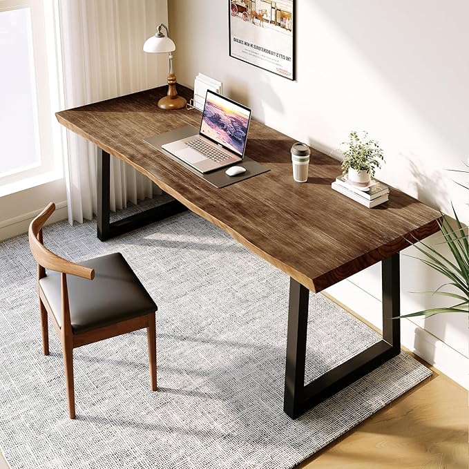 Solid Wood Desk 55 inches Home Office Computer Desk Wooden Rustic Writing Desk Metal Modern Simple Design Executive Real Wood Desk(Dark Brown)