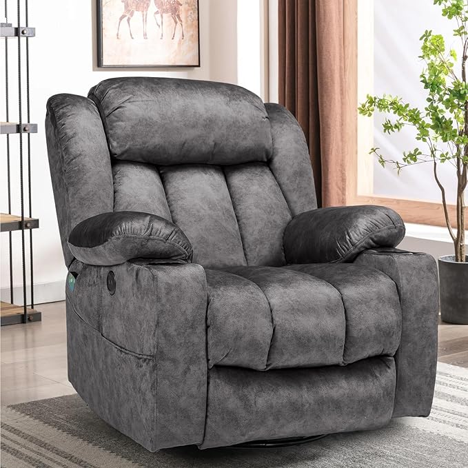 360° Swivel Glider Rocking Recliner Chair Overstuffed Manual Massage Recliner with Heat and Vibration Single Modern Sofa Home Seating for Living Room USB Ports/Cup Holders (Plush-Grey)