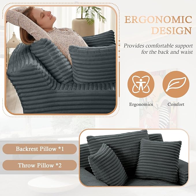 49.2Oversized Chaise Lounge Chair IndoorCorduroy Boneless Reading Chair with 3 PillowsDeep Seat Cloud Sofa BedComfy Modern Sleeper Chairs in Box for Living Room BedroomNo Assembly(Dark Grey)