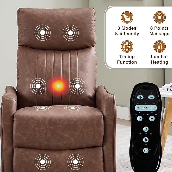 Manual Swivel Rocker Recliner Chair for Adults Overstuffed Glider Chair for Nursery with Massage and Heat Living Room Reclining Chair Faux Leather Brown
