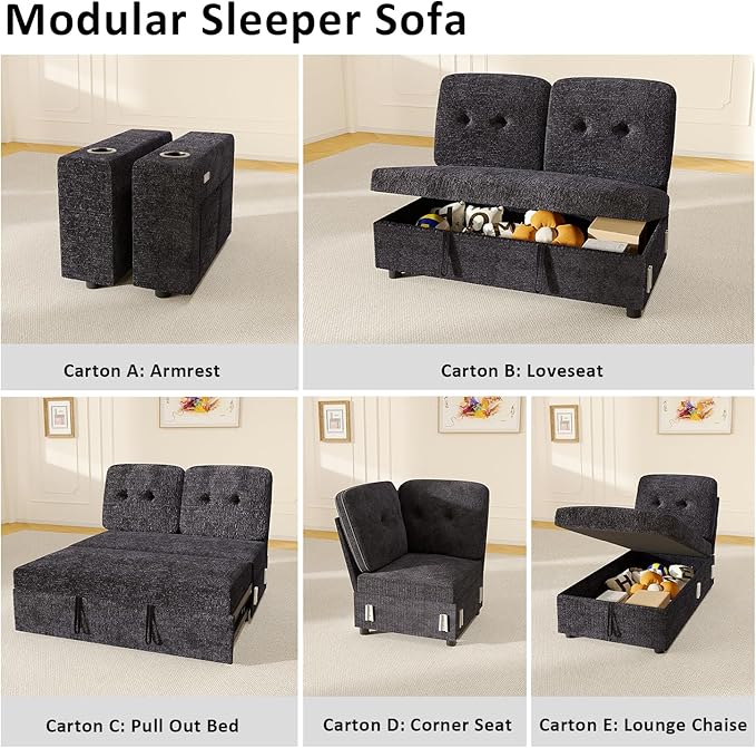 Corner Seat for Modular Sectional Sleeper Sofa Bed with Adjustable Backrest Premium Textured Chenille Easy to Assemble Dark Blue