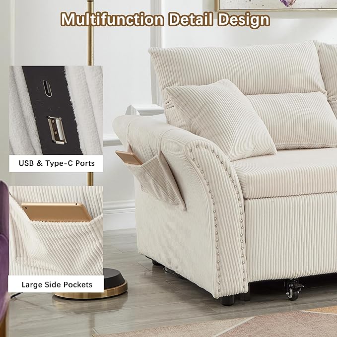 64 Queen Pull Out Futon Sofa Bed with USB Ports 3-in-1 Modern Convertible Sleeper Sofa with Side Pocket ＆ Rivets Comfy Corduroy Loveseat Couch for Living Room Bedroom Apartment (Queen White)